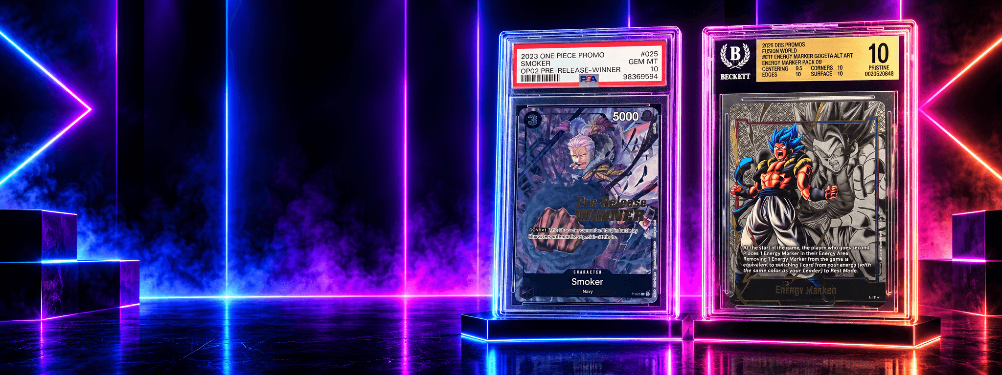 One Piece Smoker and Dragon Ball Gogeta in grading holders, lit in Chroma colours