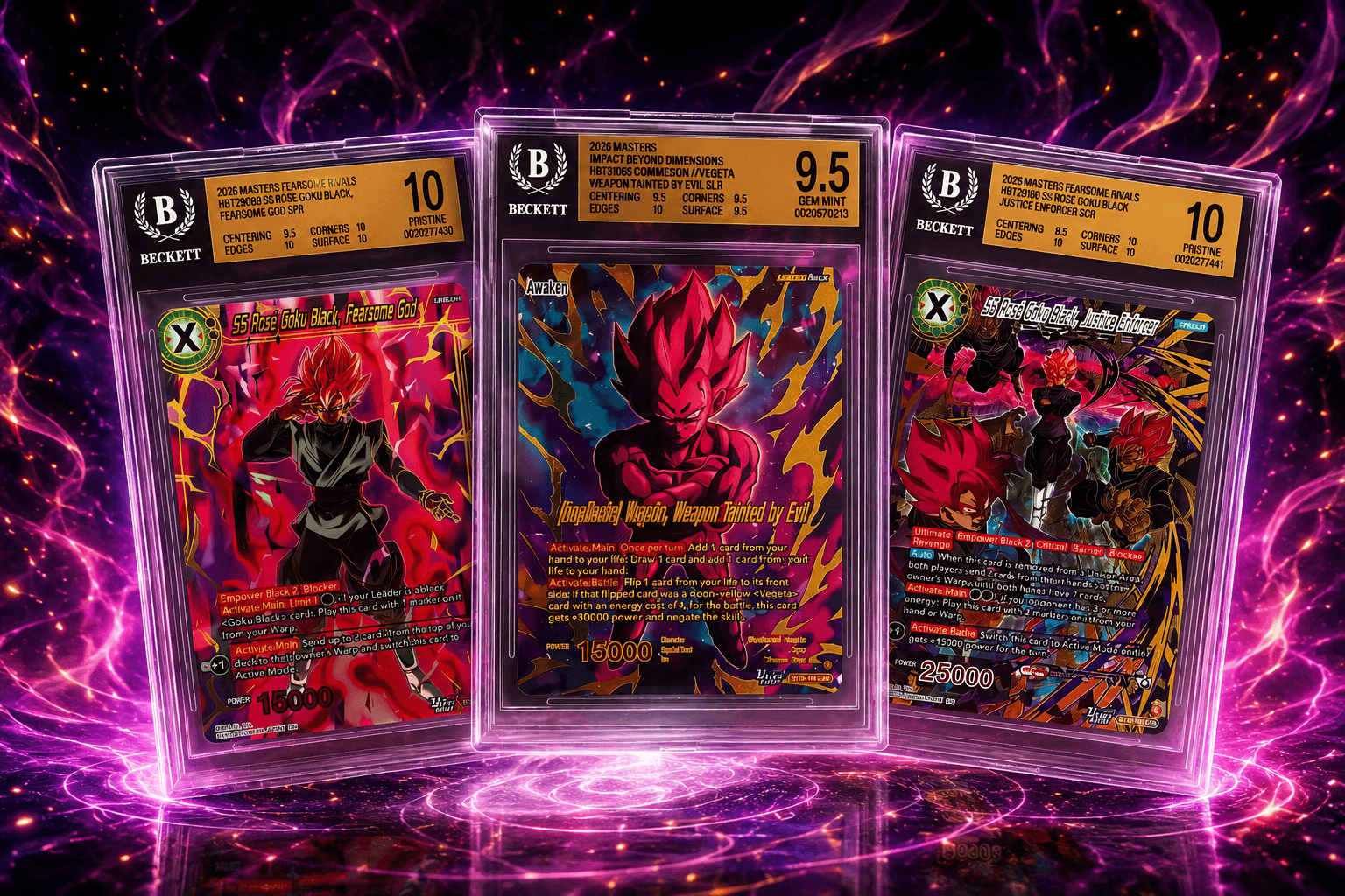 Three graded Dragon Ball cards in a purple-lit display