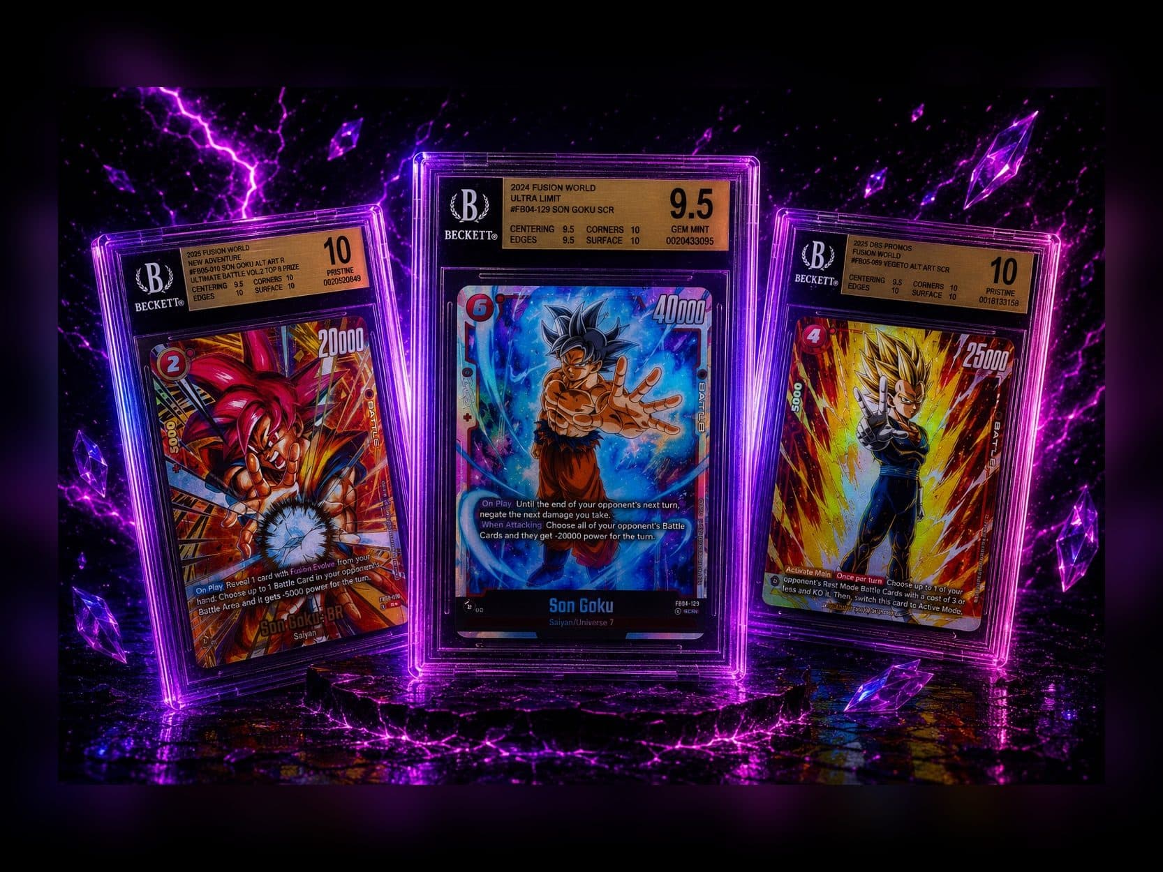Drie Dragon Ball secret rares in Beckett-houders, met 9.5 en 10 op het label