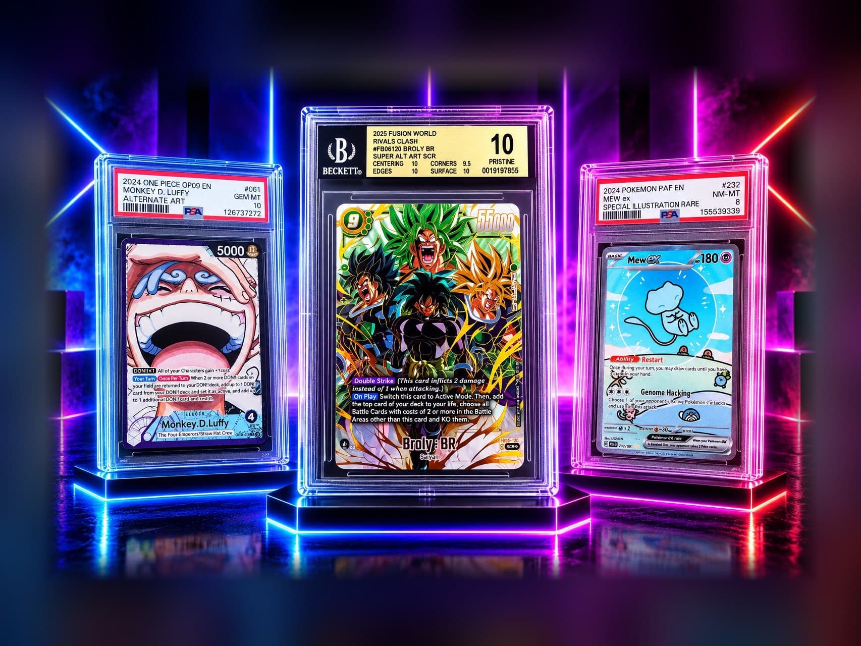 Three slabs on lit plinths: a PSA 10 Luffy, a Beckett 10 Broly and a PSA 8 Mew ex