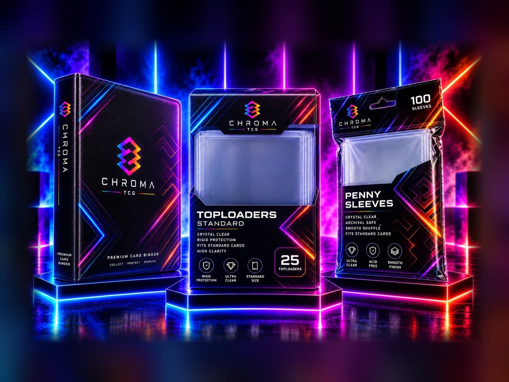 A binder, toploaders and sleeves in the Chroma visual style