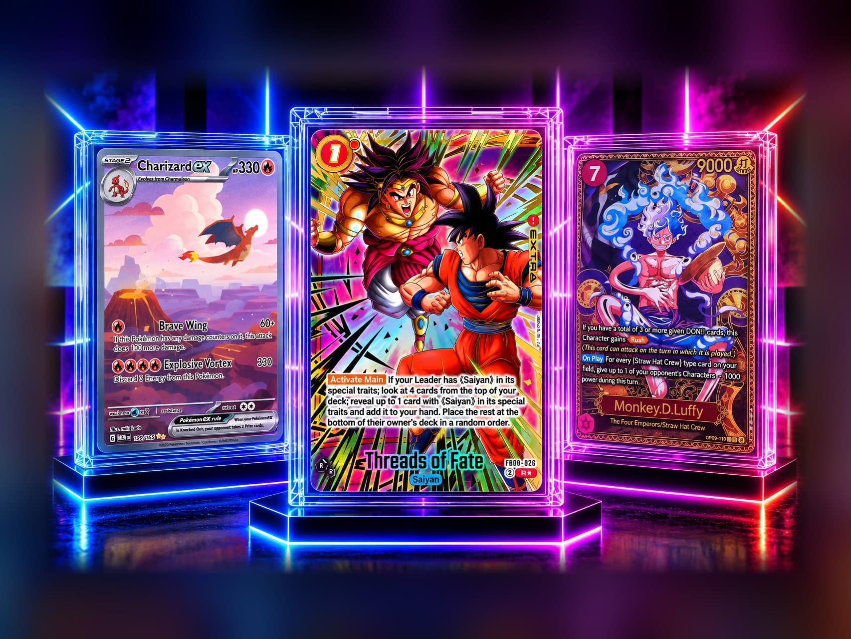 A Charizard ex, a Dragon Ball Threads of Fate and a Monkey D. Luffy in clear holders, under neon light