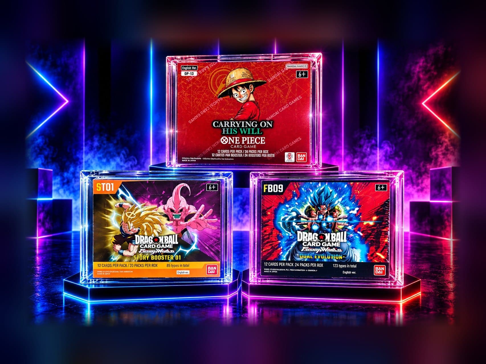 Three booster boxes in acrylic cases: One Piece OP-13, Fusion World ST01 and FB09