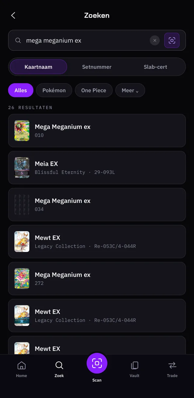 Looking up Mega Meganium ex in Chroma Pulse and opening its card details, with the price per condition