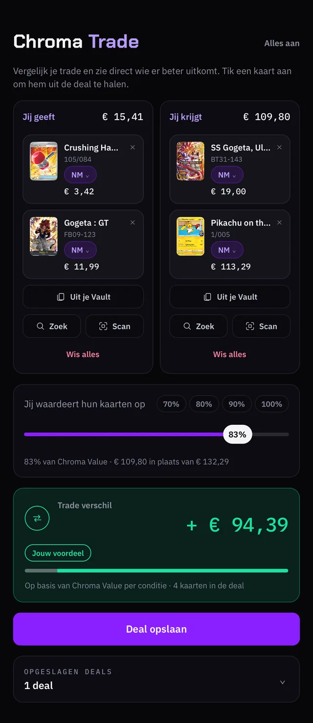 A trade in Chroma Pulse: the cards you give against the cards you get, your advantage in euros and the button that saves the deal